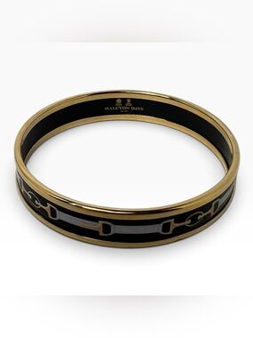 Halcyon Days Black Enamel Gold Tone Equestrian Snaffle Bangle Bracelet